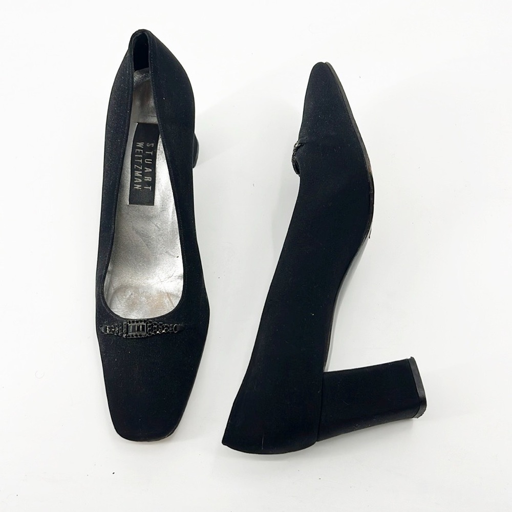 Stuart Weitzman Black Fabric Rhinestone Detail block heel size 9.5 Vintage - Picture 14 of 14